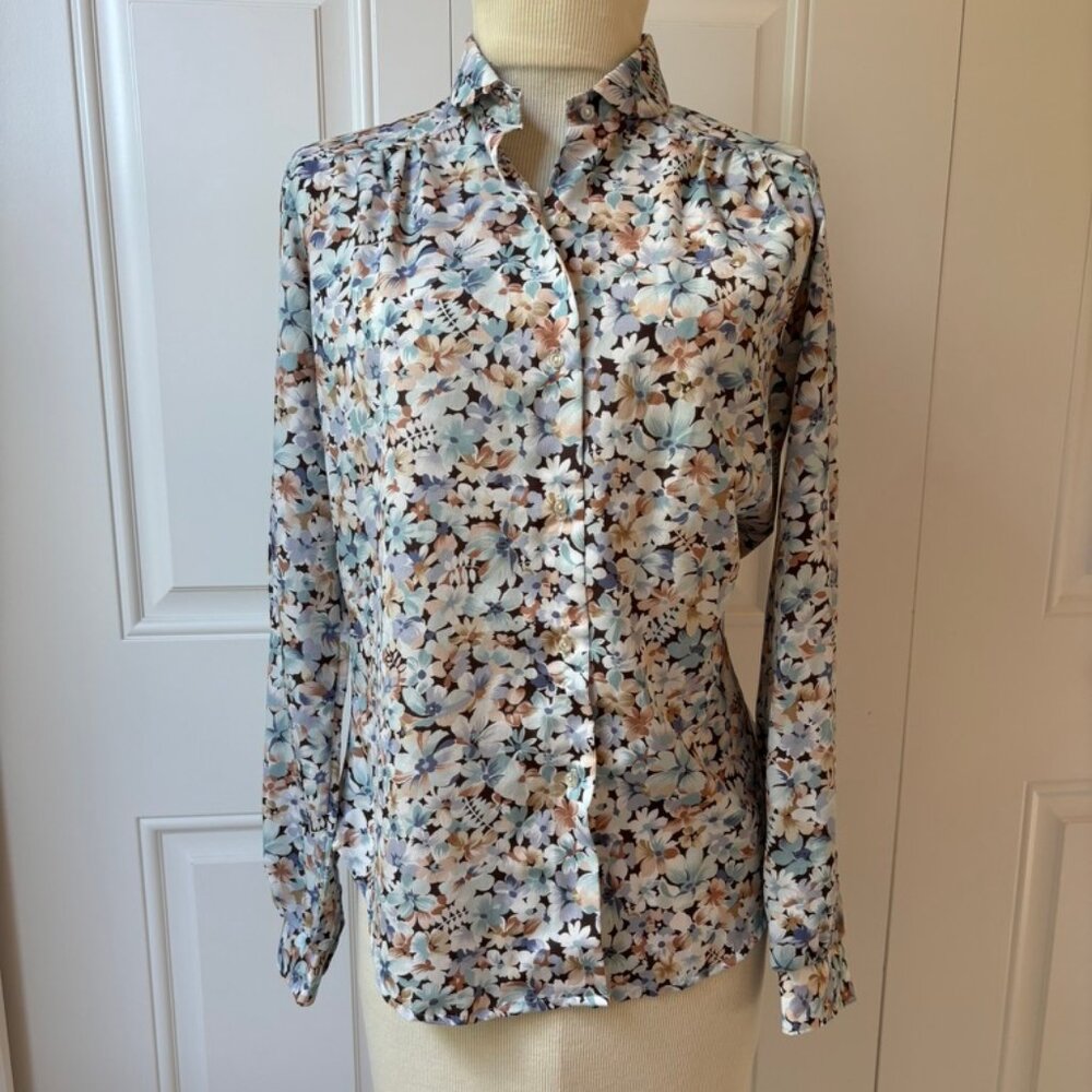 Vintage blue brown Floral Silky Blouse by Langtry
